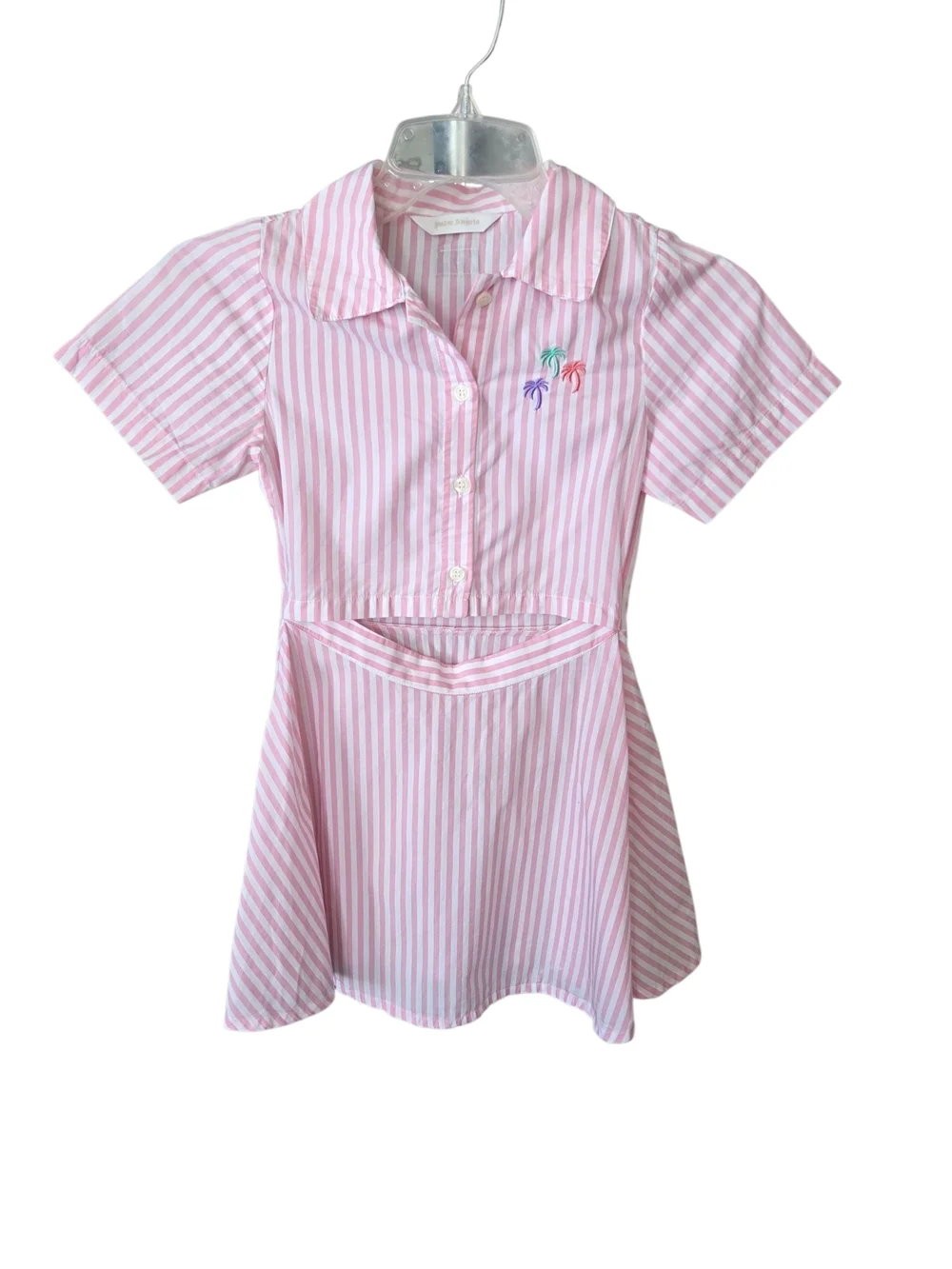 Pink & White Striped Polo Skater Dress with Palm Embroidery
